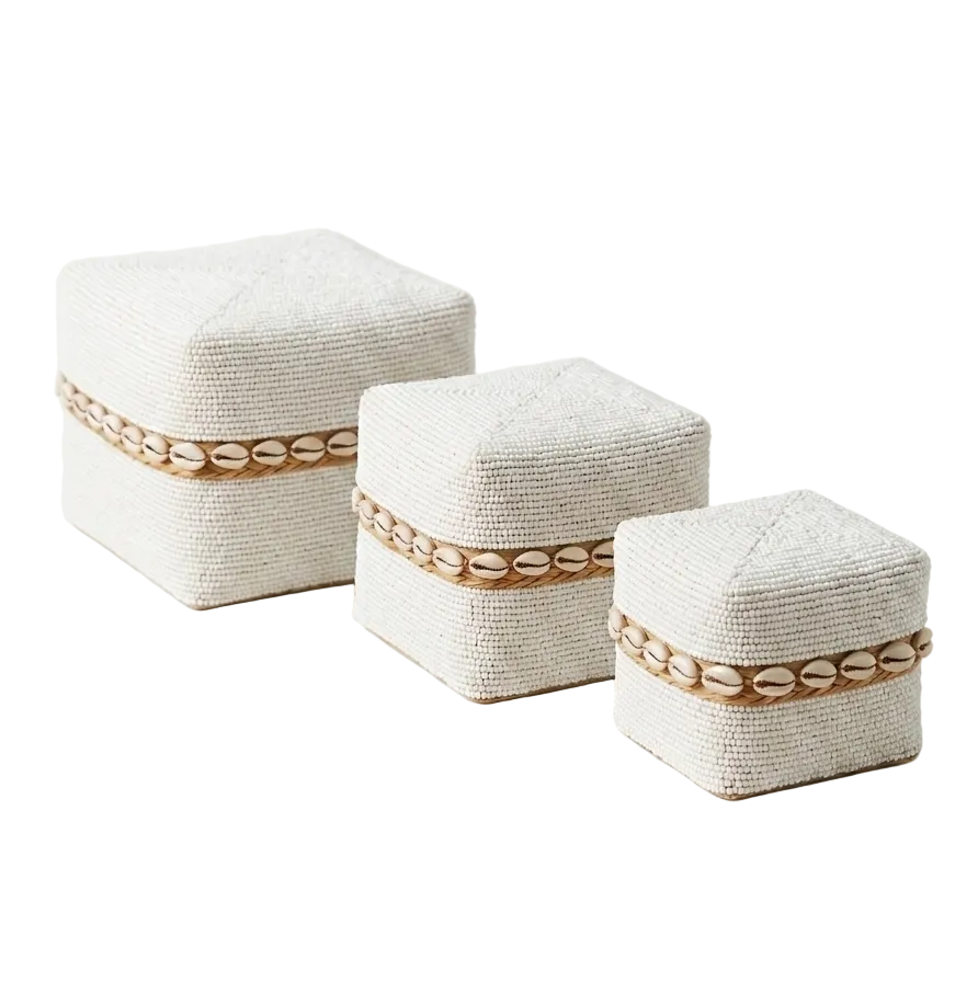 Beaded Box S/3- White Shell