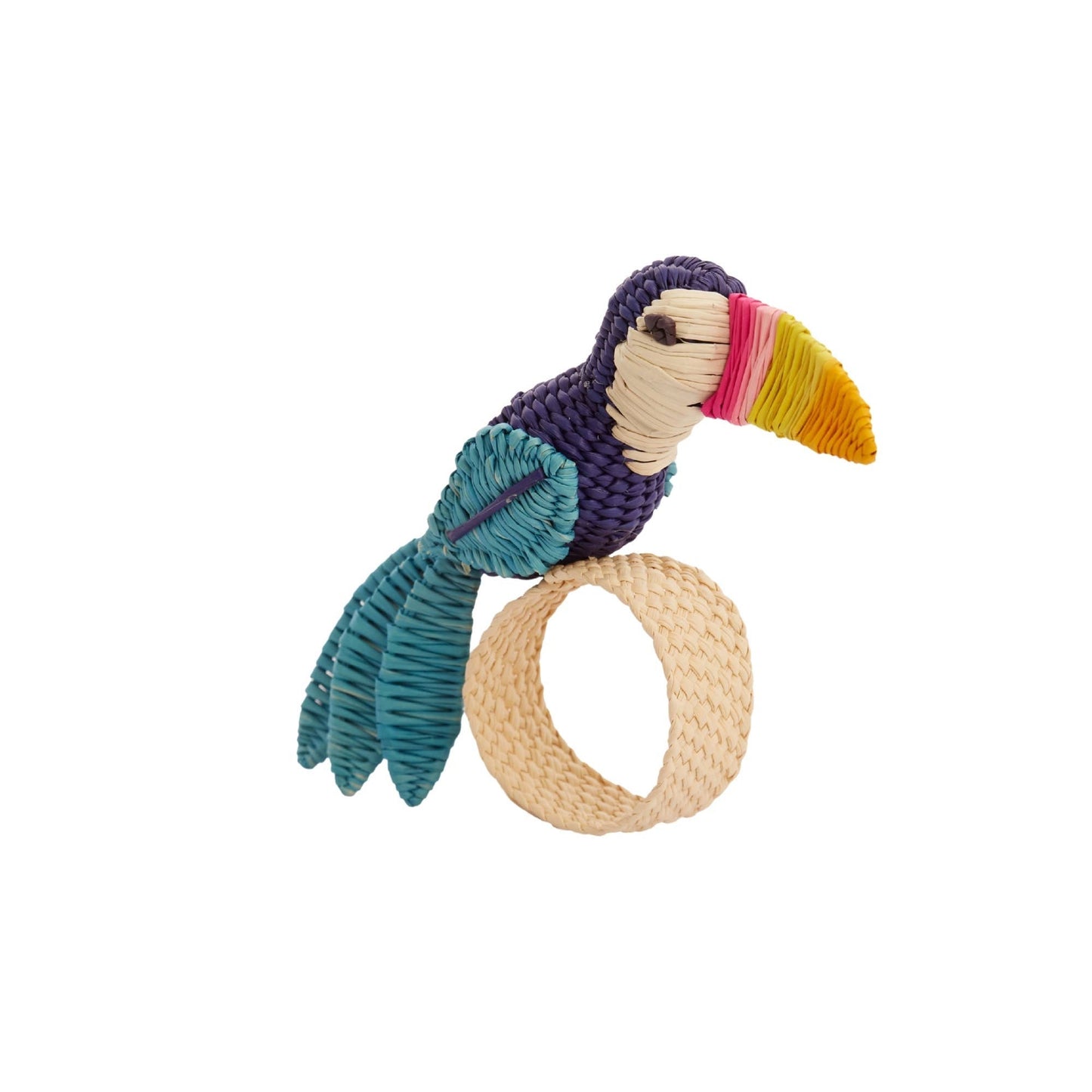 Colorful toucan-shaped napkin ring on a white background