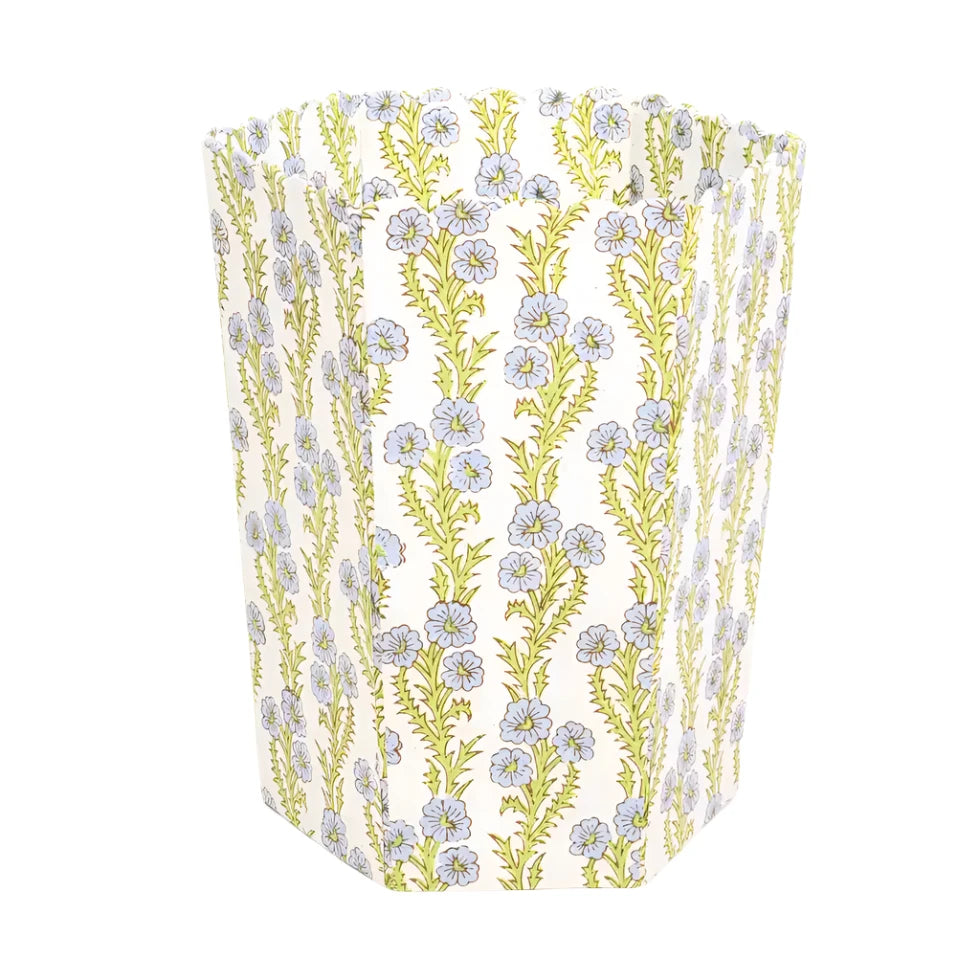 Hexagonal container with floral pattern on a white background