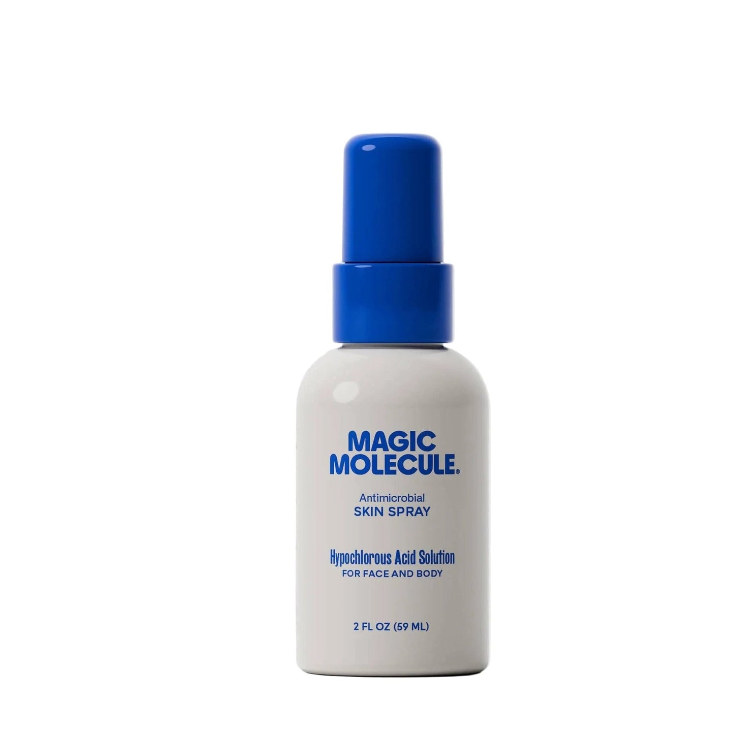 A 2 fl oz bottle of Magic Molecule Antimicrobial Skin Spray with a white body and a blue spray nozzle, shown on a plain white background.