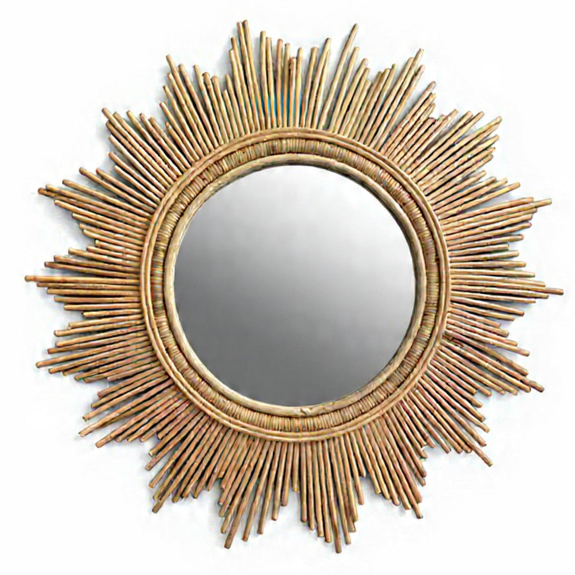 Sun-shaped mirror with a rattan frame on a white background
