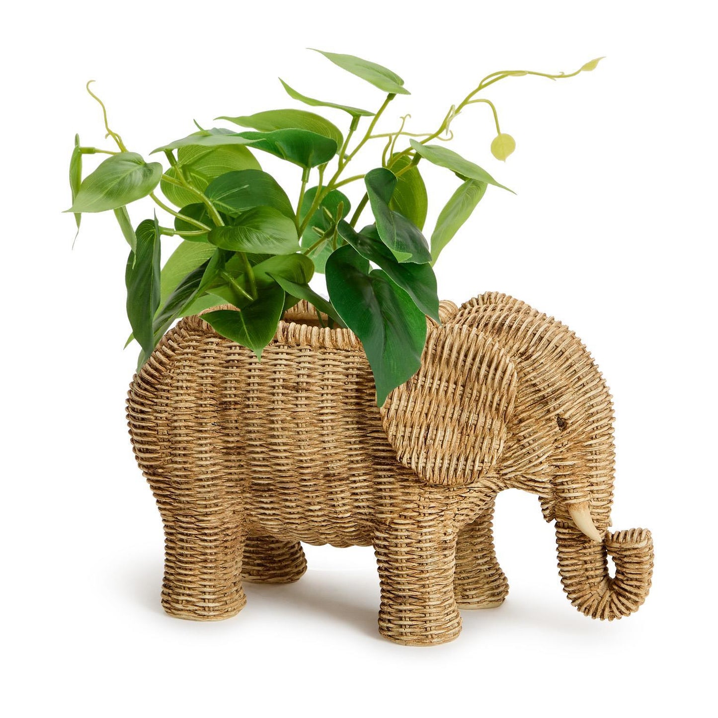 Woven elephant-shaped planter with a plant on a white background