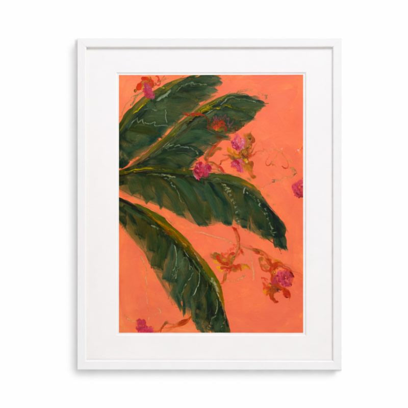 Framed artwork with green leaves and pink flowers on an orange background
