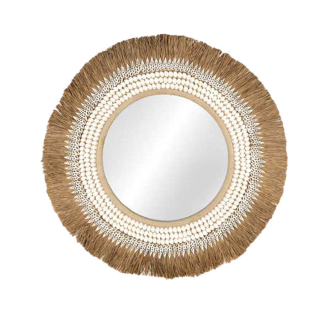 Round Shell & Raffia Mirror