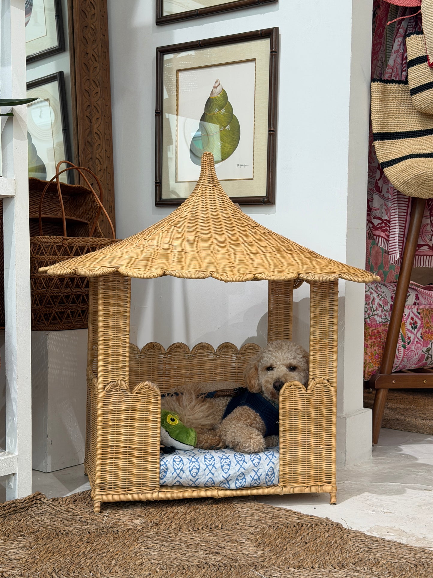A small fluffy dog sits inside a woven pagoda shaped wicker pet bed with a thatched roof and blue patterned cushion.