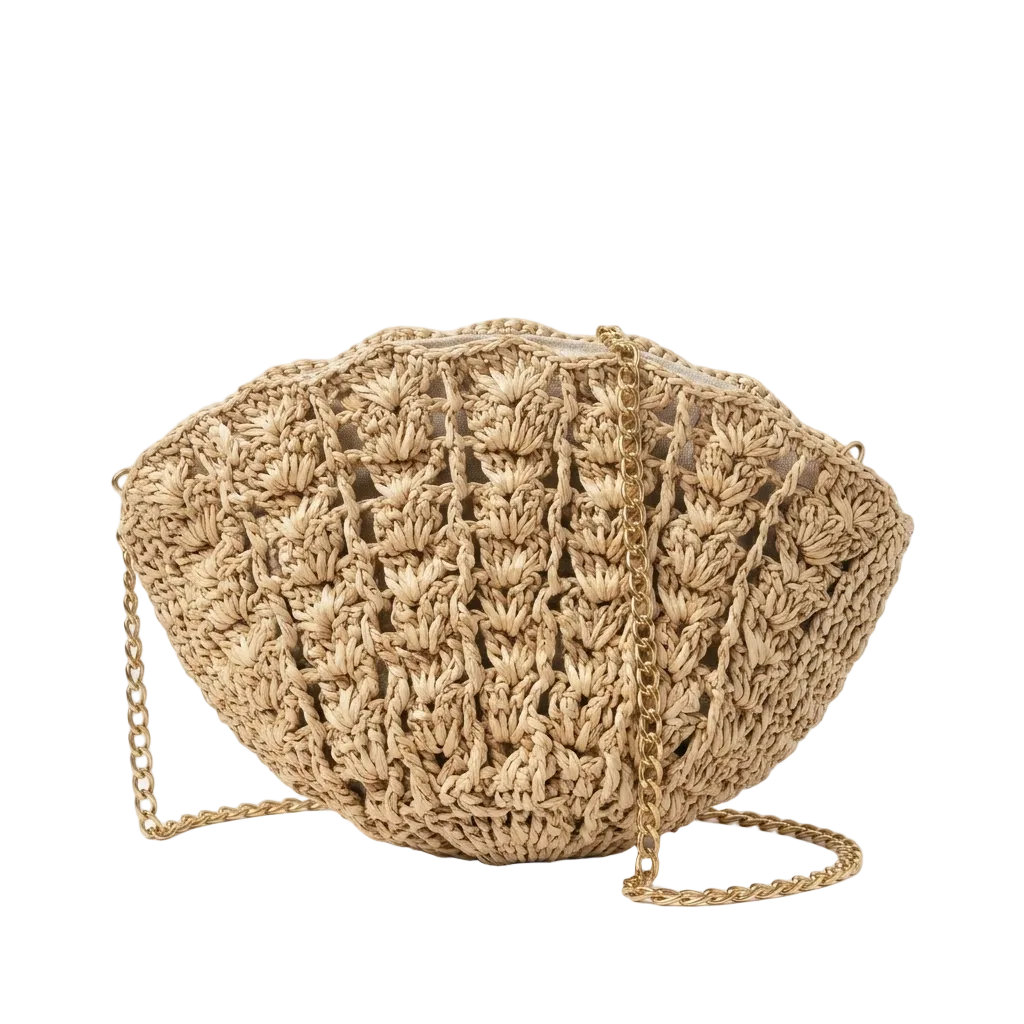 Woven Shell shaped handbag with a gold chain on a white background