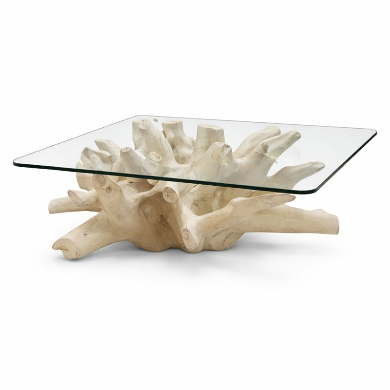 Coffee table with a glass top and driftwood-like base on a white background