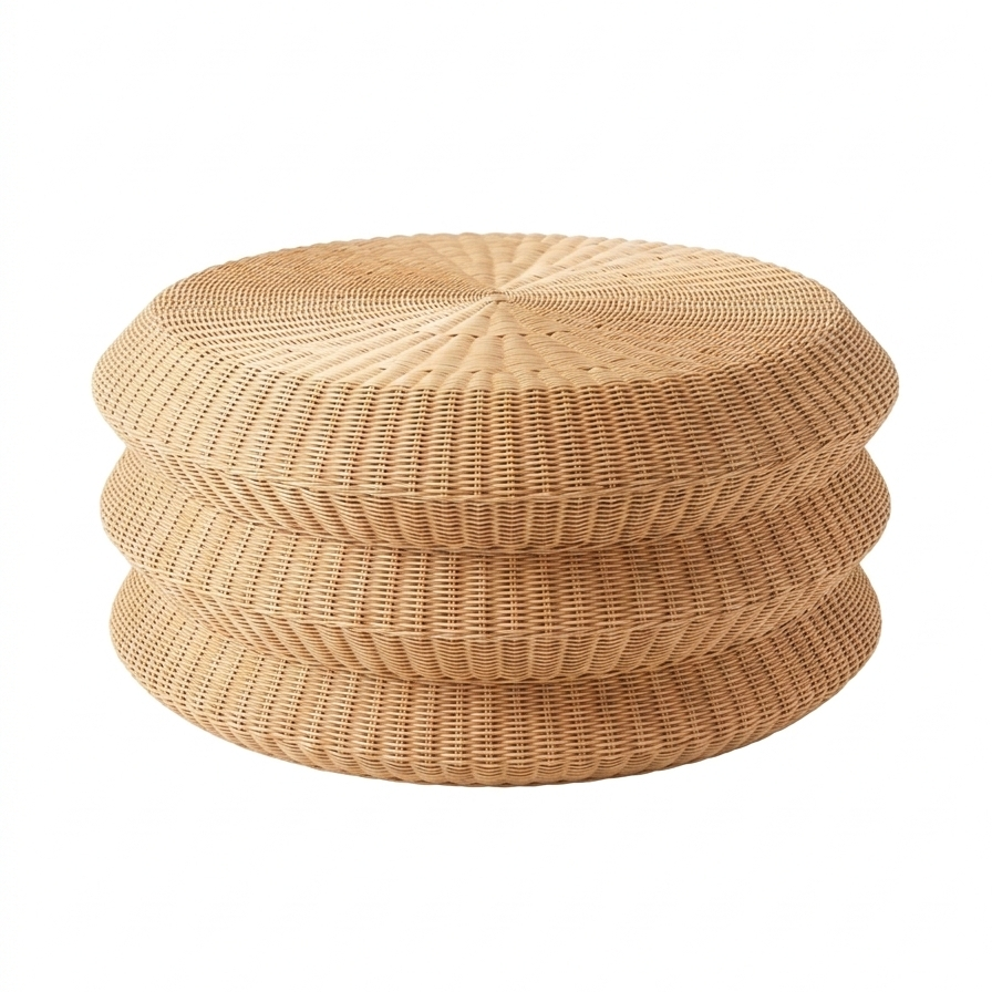 Woven coffee table with a textured surface on a white background