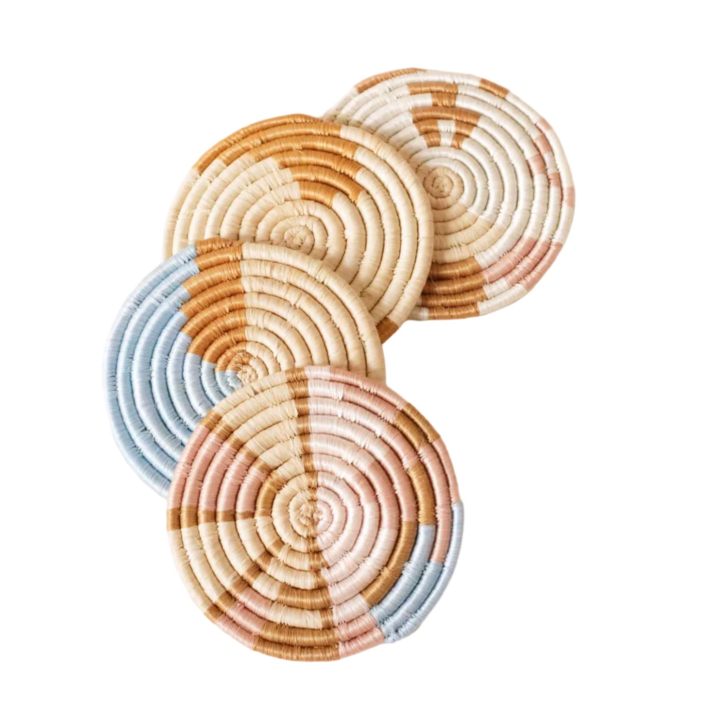 Set of woven coasters with concentric circle pattern on a white background
