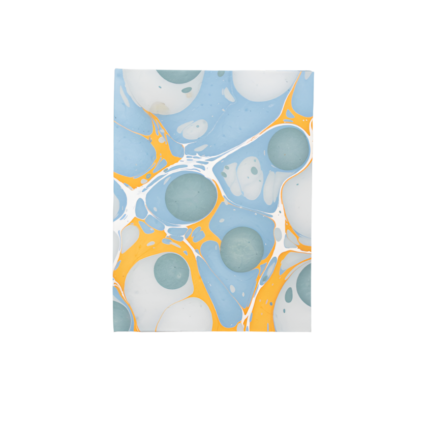 Notebook with a blue and orange marbled cover on a white background