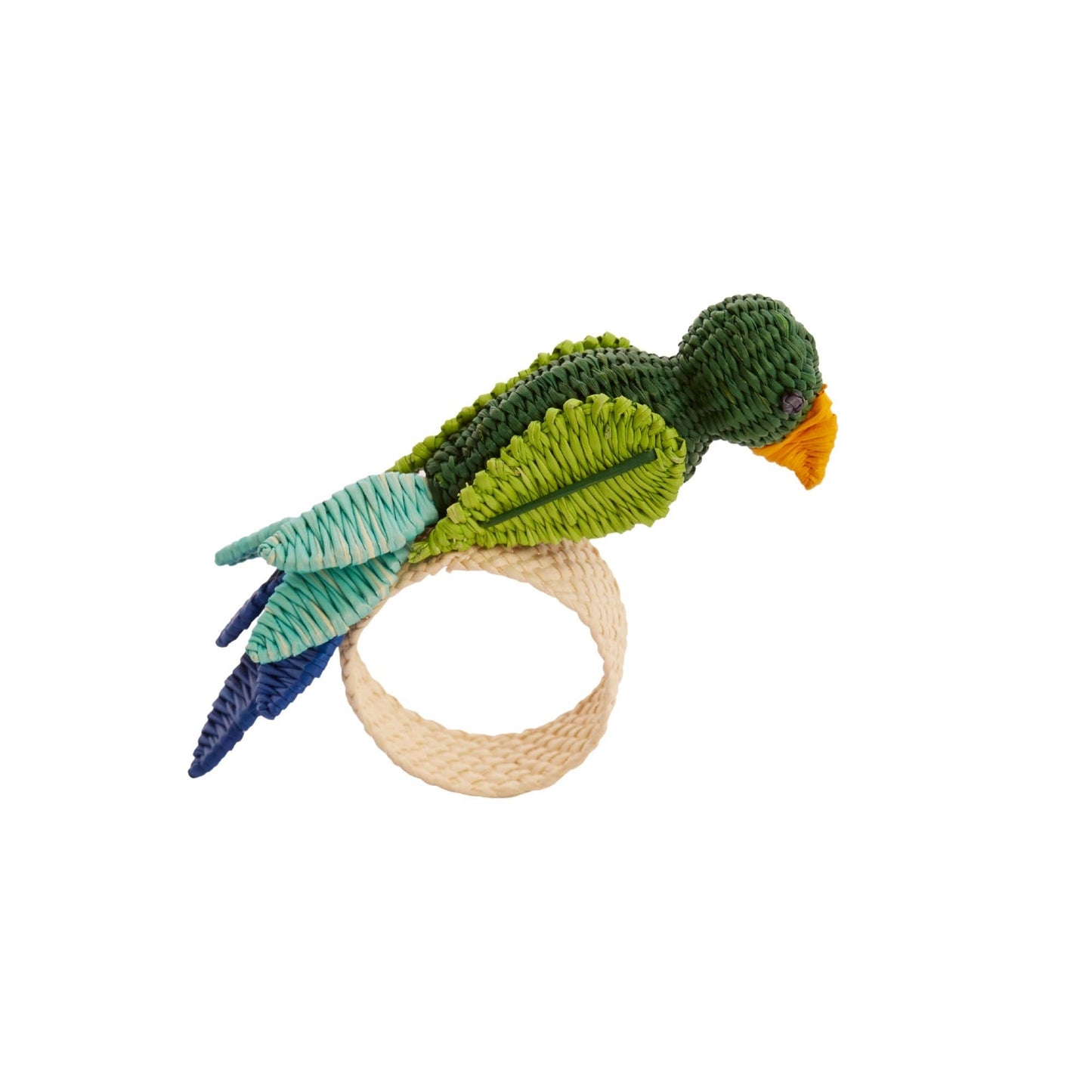 Knitted parrot-shaped napkin ring on a white background
