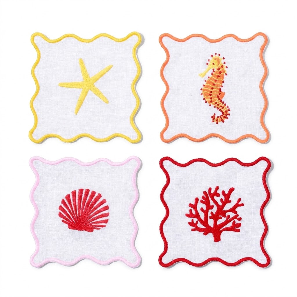 Coastal Cocktail Napkins | Embroidered Linen Coaster Set