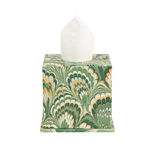 Tissue box cover with green and gold marbled design on a white background