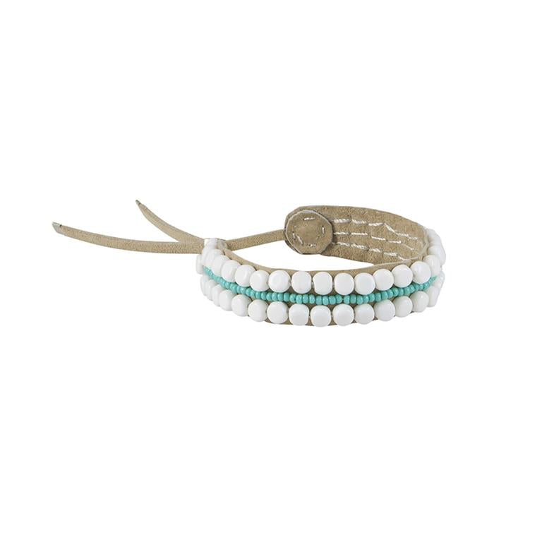 Beaded Leather Bracelet- White/Turquoise