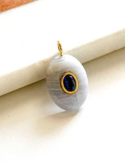 Blue Lace Agate/Bezel Kyanite Inlay Pendant