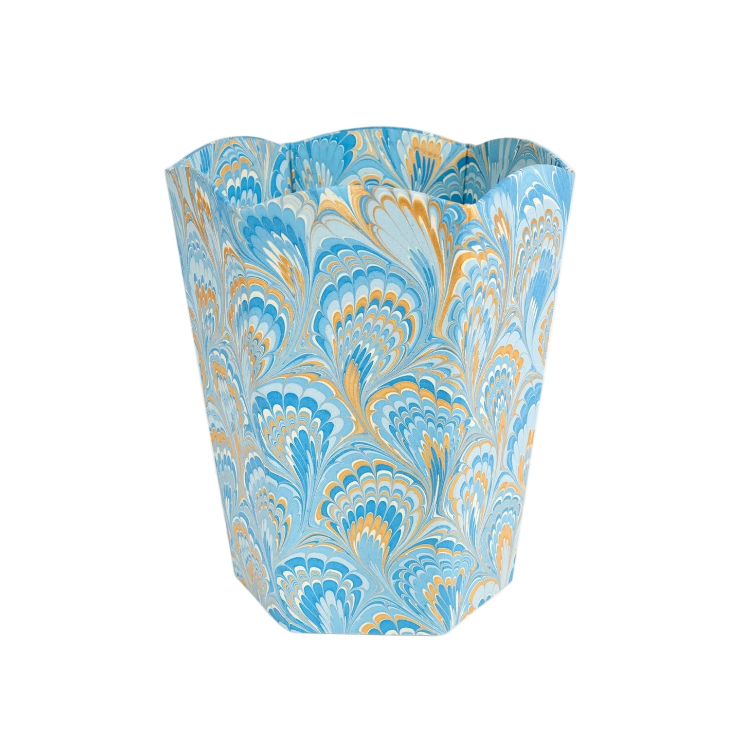 Decorative waste bin with blue and orange marbled pattern on a white background