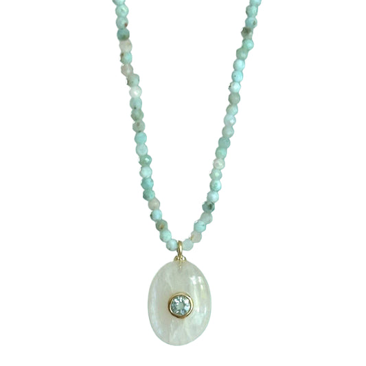 Necklace with a pendant on a teal background