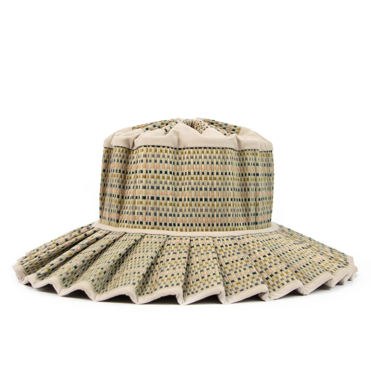 Woven bucket hat with a decorative edge on a white background