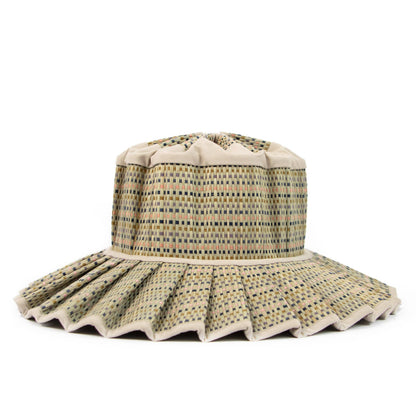 Woven bucket hat with a decorative edge on a white background