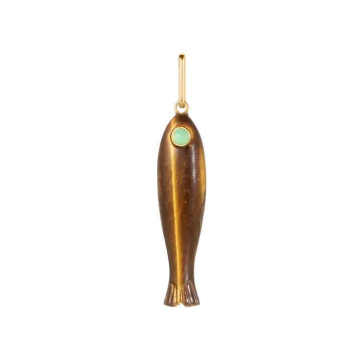 Gold fish-shaped pendant with a green gemstone on a white background