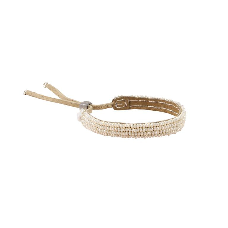 Beaded Leather Bracelet- Pearl