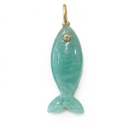 Fish-shaped pendant charms in Amazonite with a gold-tone loop at the top and a small round stone detail, shown on a plain white background.
