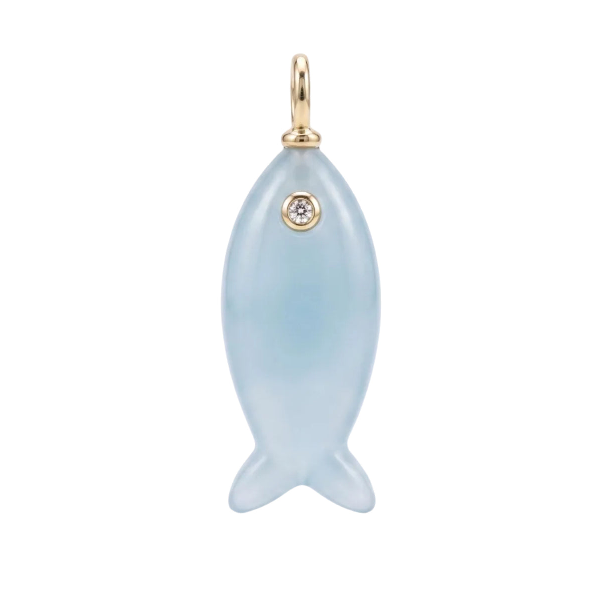 A light blue fish-shaped pendant charm with a gold bail and a small round clear stone, shown on a clean white background.