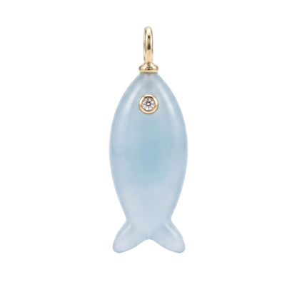 A light blue fish-shaped pendant charm with a gold bail and a small round clear stone, shown on a clean white background.