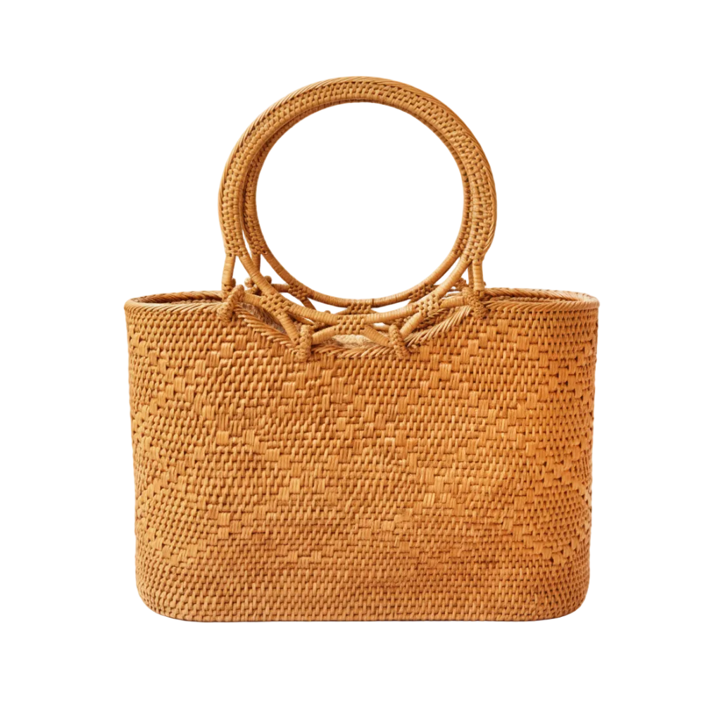 Brown woven handbag with circular handles on a white background