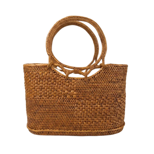 Brown woven handbag with circular handles on a white background