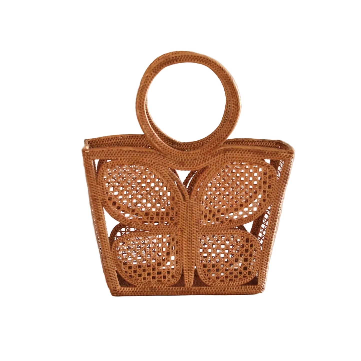 Brown woven handbag with circular handles on a white background