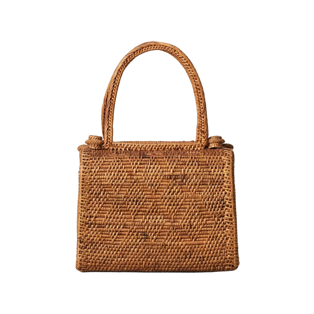 Woven brown handbag on a white background