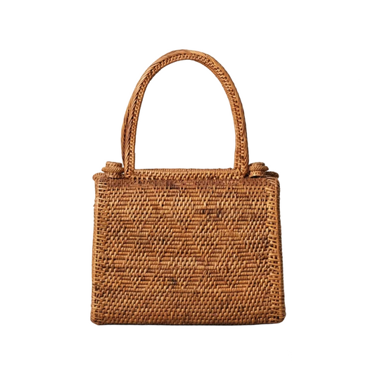 Woven brown handbag on a white background