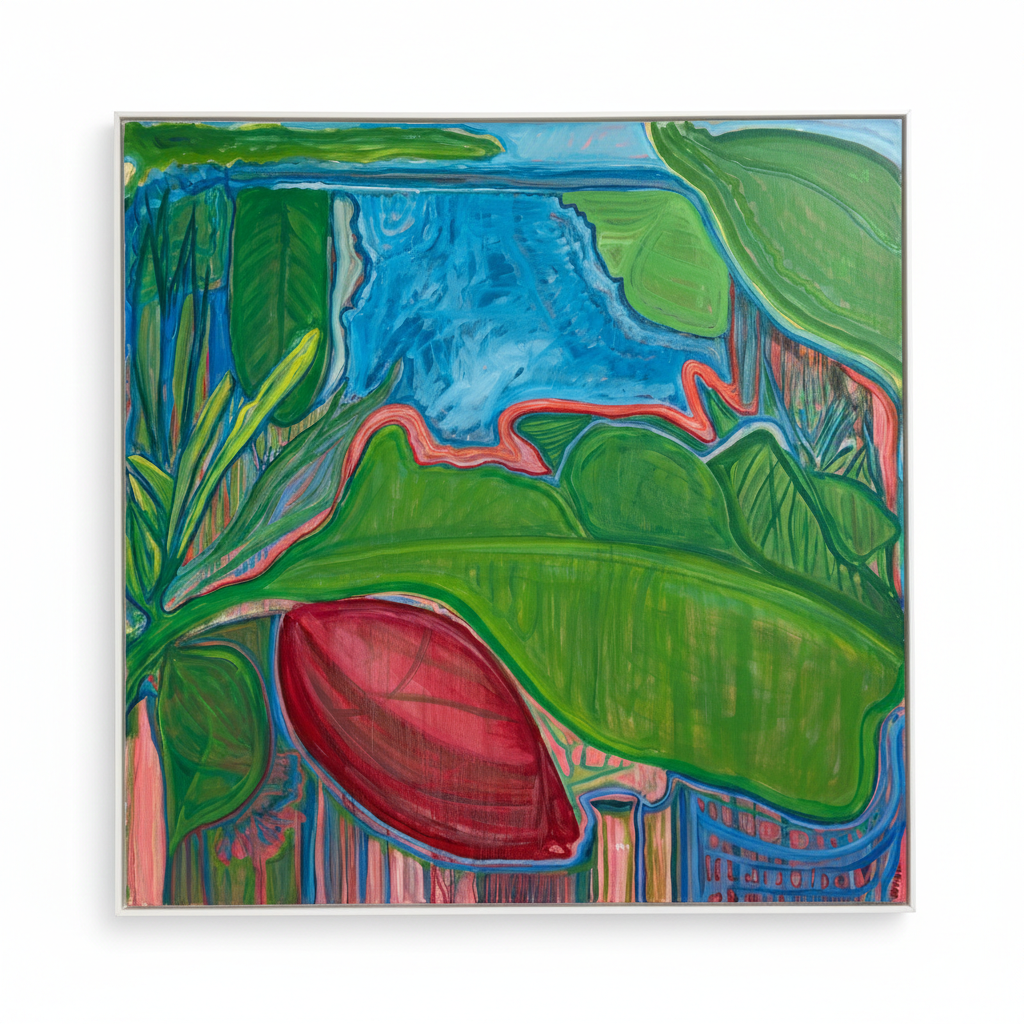 Abstract painting with green leaves and a red fruit on a white background