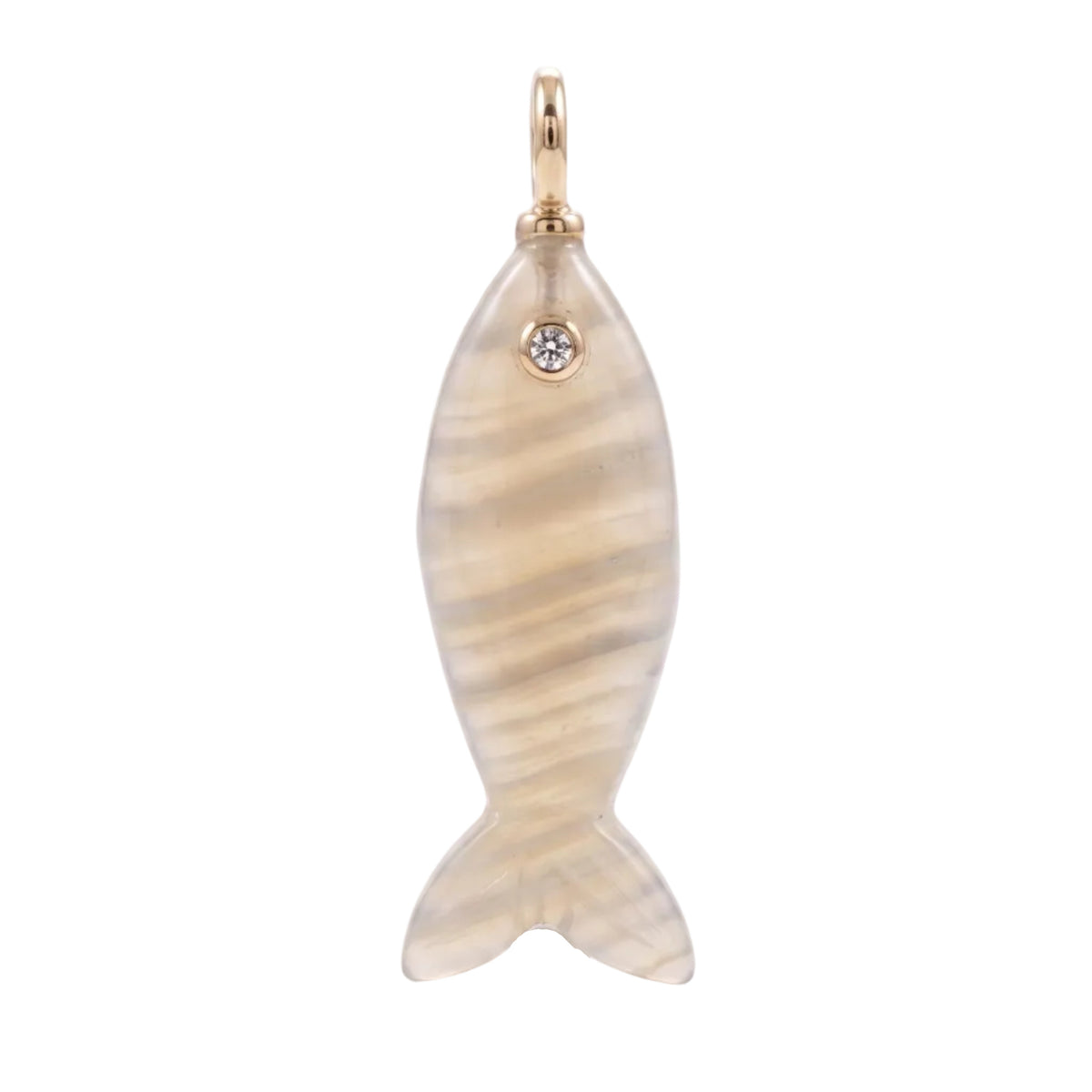 A fish-shaped pendant charm with a marbled beige and cream pattern, featuring a small clear rhinestone accent and a gold-tone top loop, shown on a plain white background.