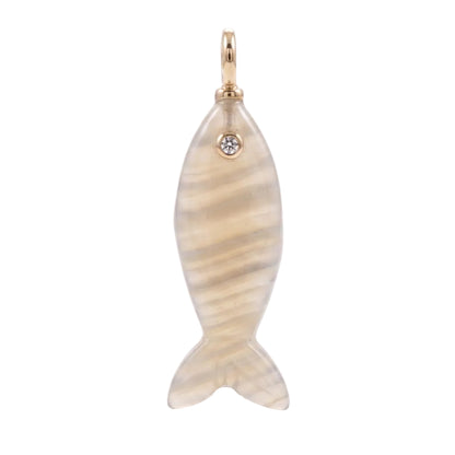 A fish-shaped pendant charm with a marbled beige and cream pattern, featuring a small clear rhinestone accent and a gold-tone top loop, shown on a plain white background.