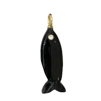 Two fish-shaped pendant earrings on a plain white background. One pendant is made of iridescent dark greenish-gray labradorite with a small gold loop and a tiny clear stone.