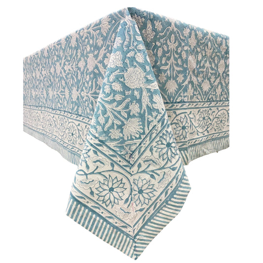 Blue Floral Block Printed Table Cloth