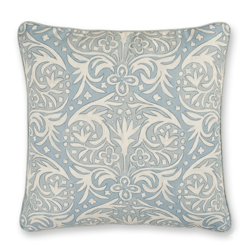 Decorative pillow with a light blue and white floral pattern on a white background