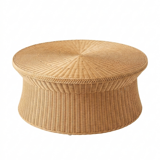 Woven rattan ottoman on a white background