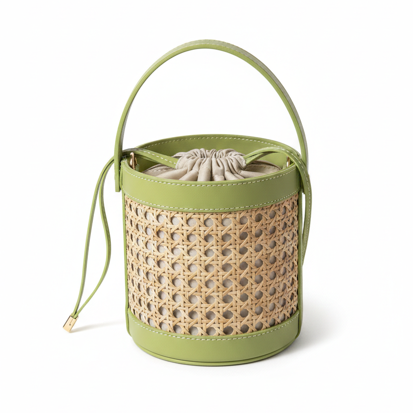 Green woven basket with a drawstring on a white background