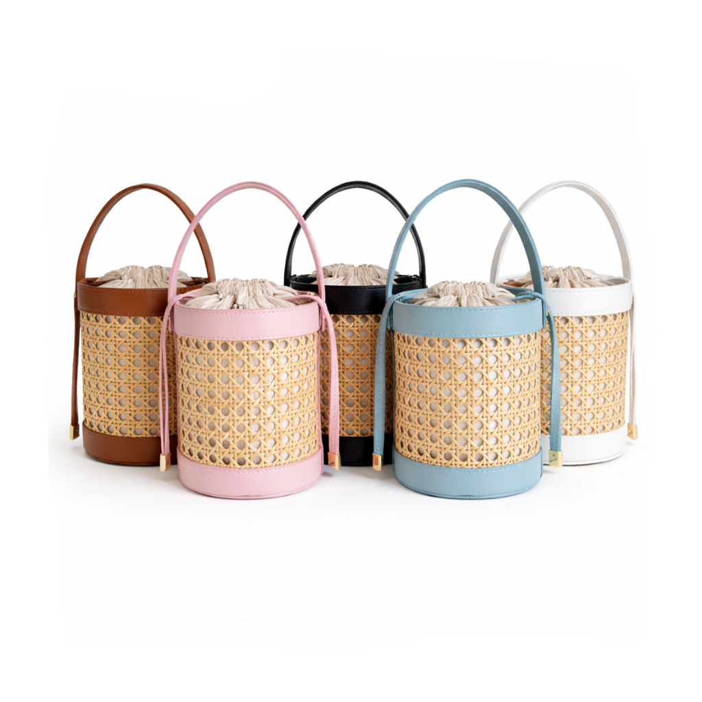 Collection of Rattan Cane Bucket Bags with Top Handle