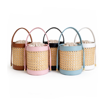 Collection of Rattan Cane Bucket Bags with Top Handle