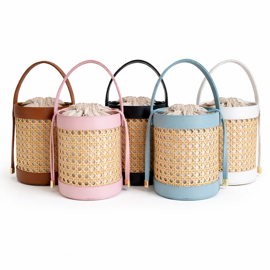 Collection of Rattan Cane Bucket Bags with Top Handle