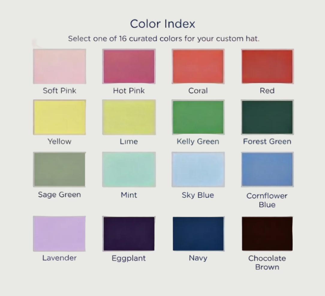 A color swatch chart titled 'Color Index' showing 16 labeled color blocks for custom hat selection, including Soft Pink, Hot Pink, Coral, Red, Yellow, Lime, Kelly Green, Forest Green, Sage Green, Mint, Sky Blue, Cornflower Blue, Lavender, Eggplant, Navy, and Chocolate Brown.