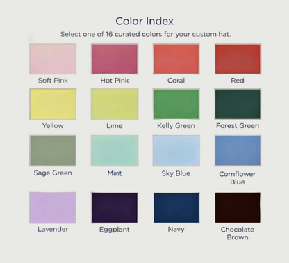 A color swatch chart titled 'Color Index' showing 16 labeled color blocks for custom hat selection, including Soft Pink, Hot Pink, Coral, Red, Yellow, Lime, Kelly Green, Forest Green, Sage Green, Mint, Sky Blue, Cornflower Blue, Lavender, Eggplant, Navy, and Chocolate Brown.