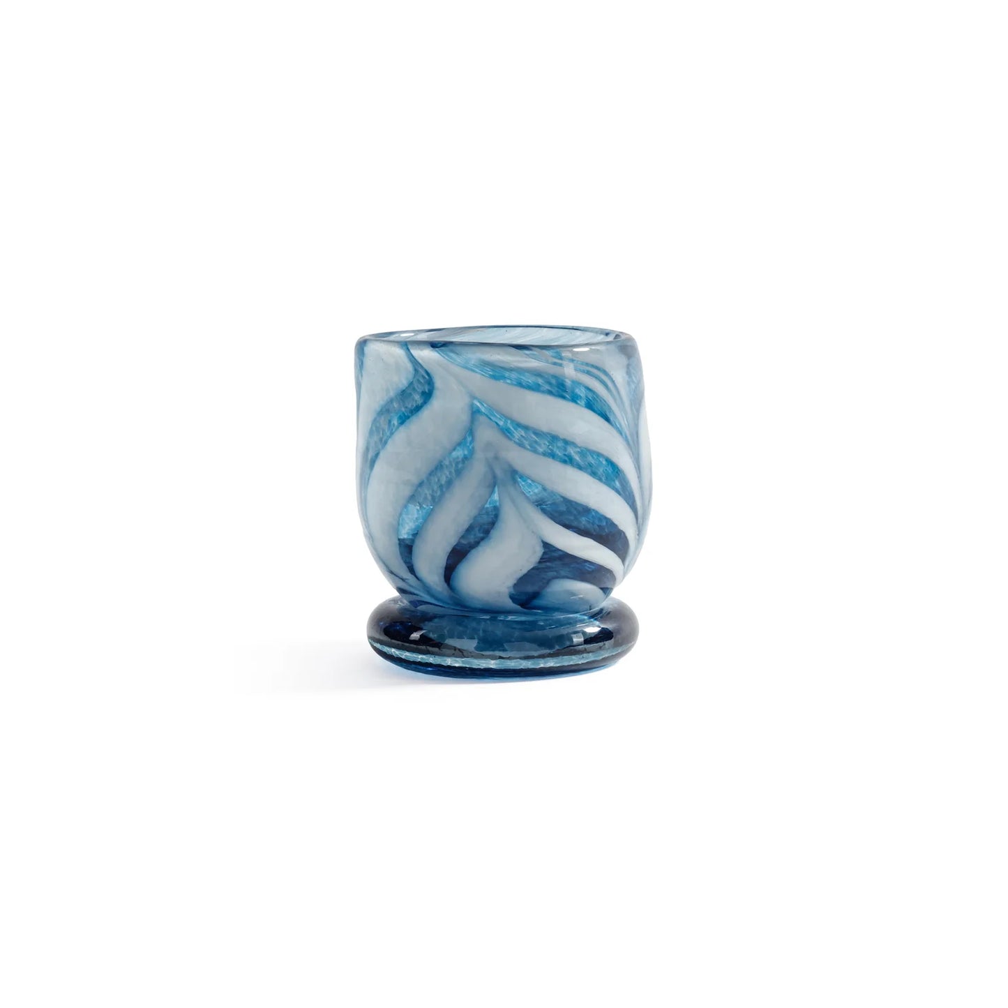 Blue and white marbled glass cup on a white background