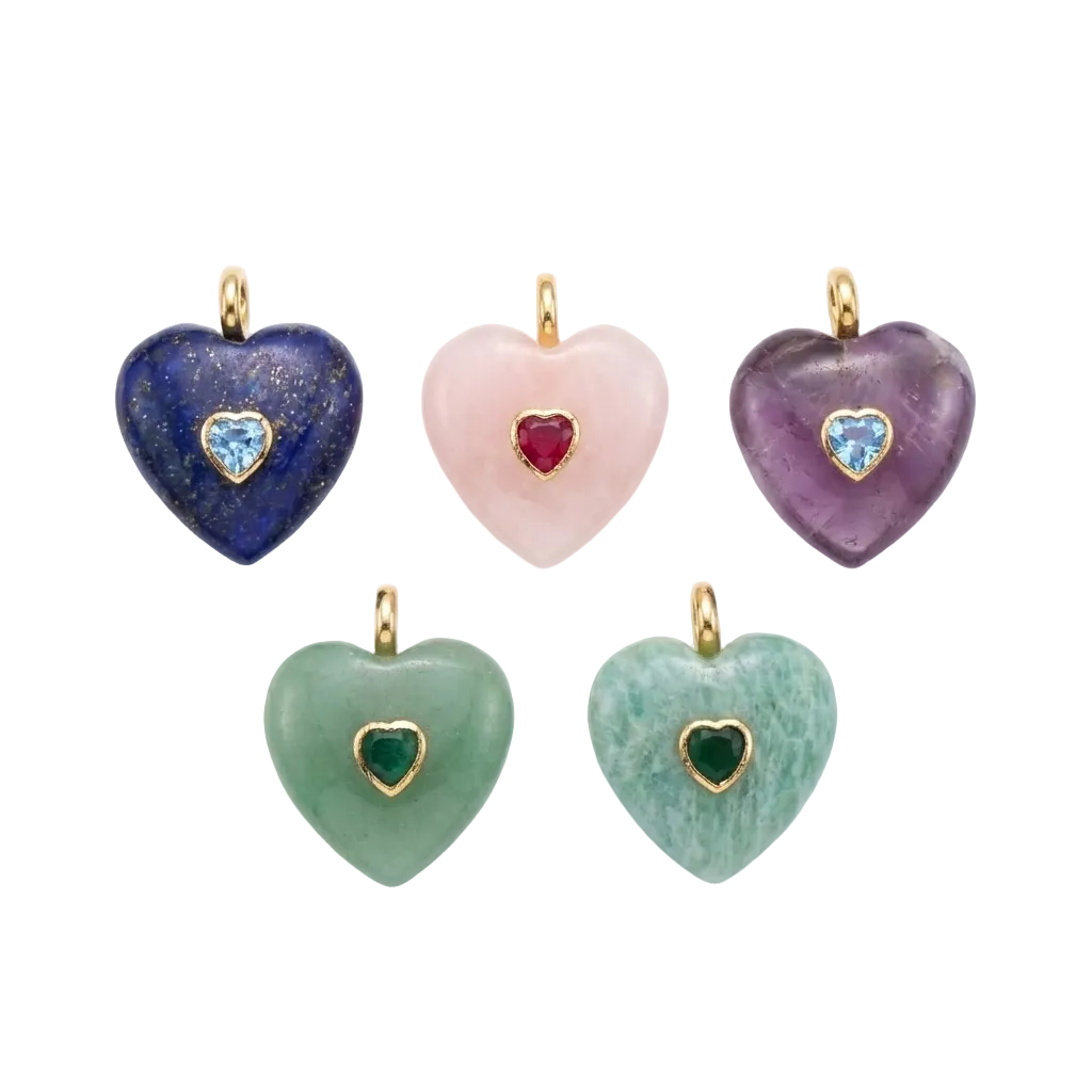 Gemstone Heart Charms with inlay bezel gemstones
