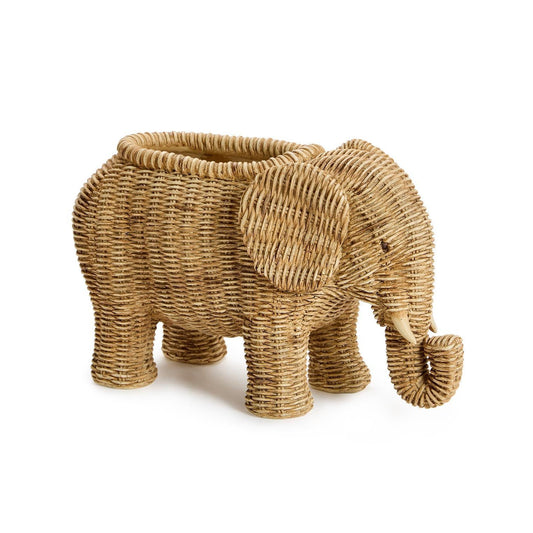 Woven elephant-shaped planter on a white background