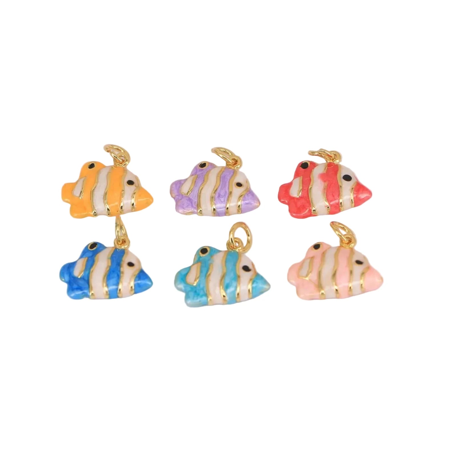 Set of colorful fish-shaped charms on a light gray background